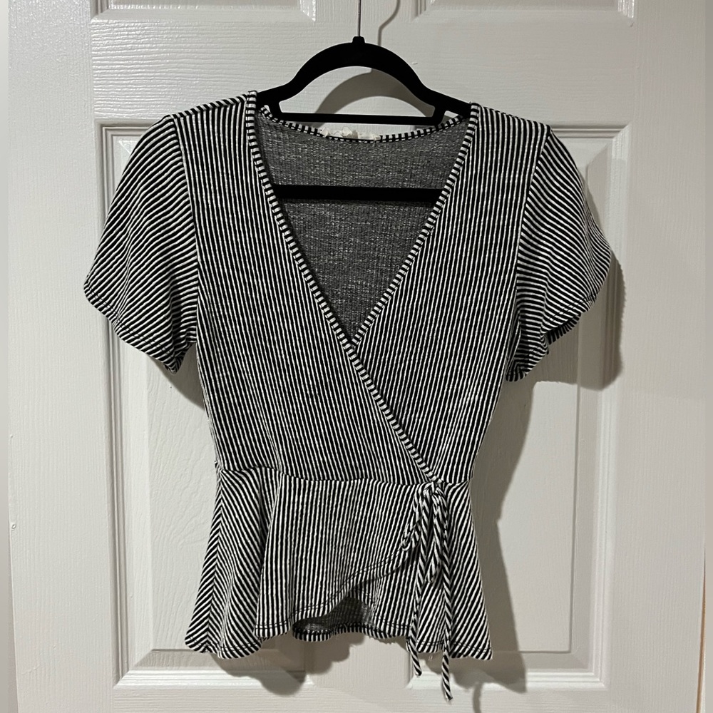 V-Neck Peplum Black and White Striped Top